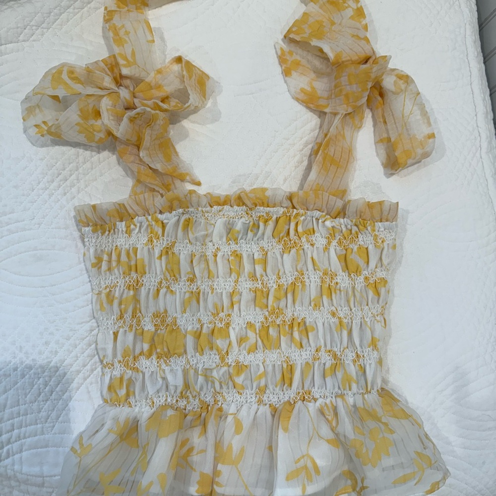 En Saison Yellow and White Smocked Peplum Tank Top